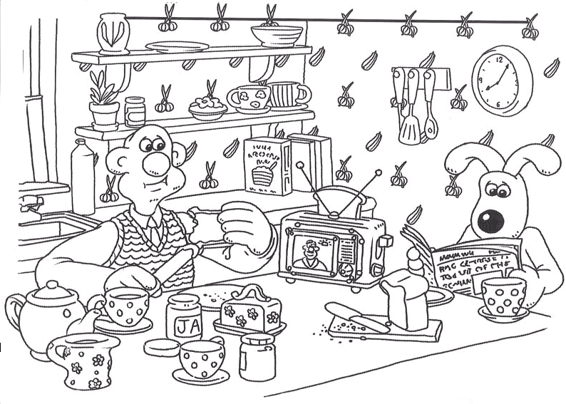 coloriage wallace et gromit a table